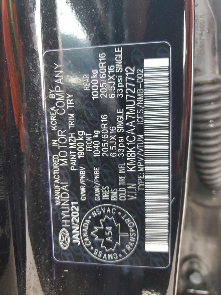 2021 Hyundai Kona Se VIN: KM8K1CAA7MU727712 Lot: 63558095