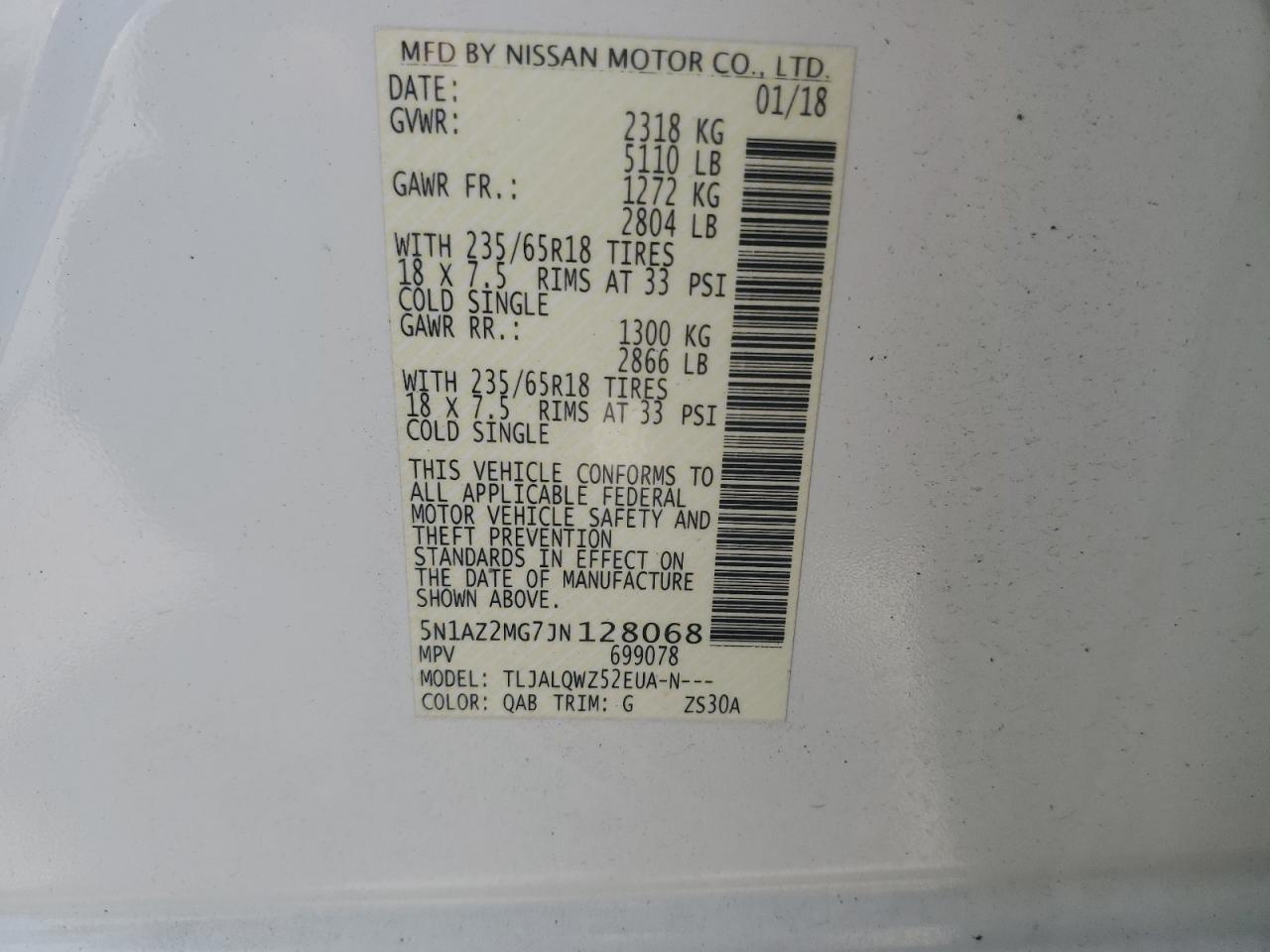 2018 Nissan Murano S VIN: 5N1AZ2MG7JN128068 Lot: 65758685