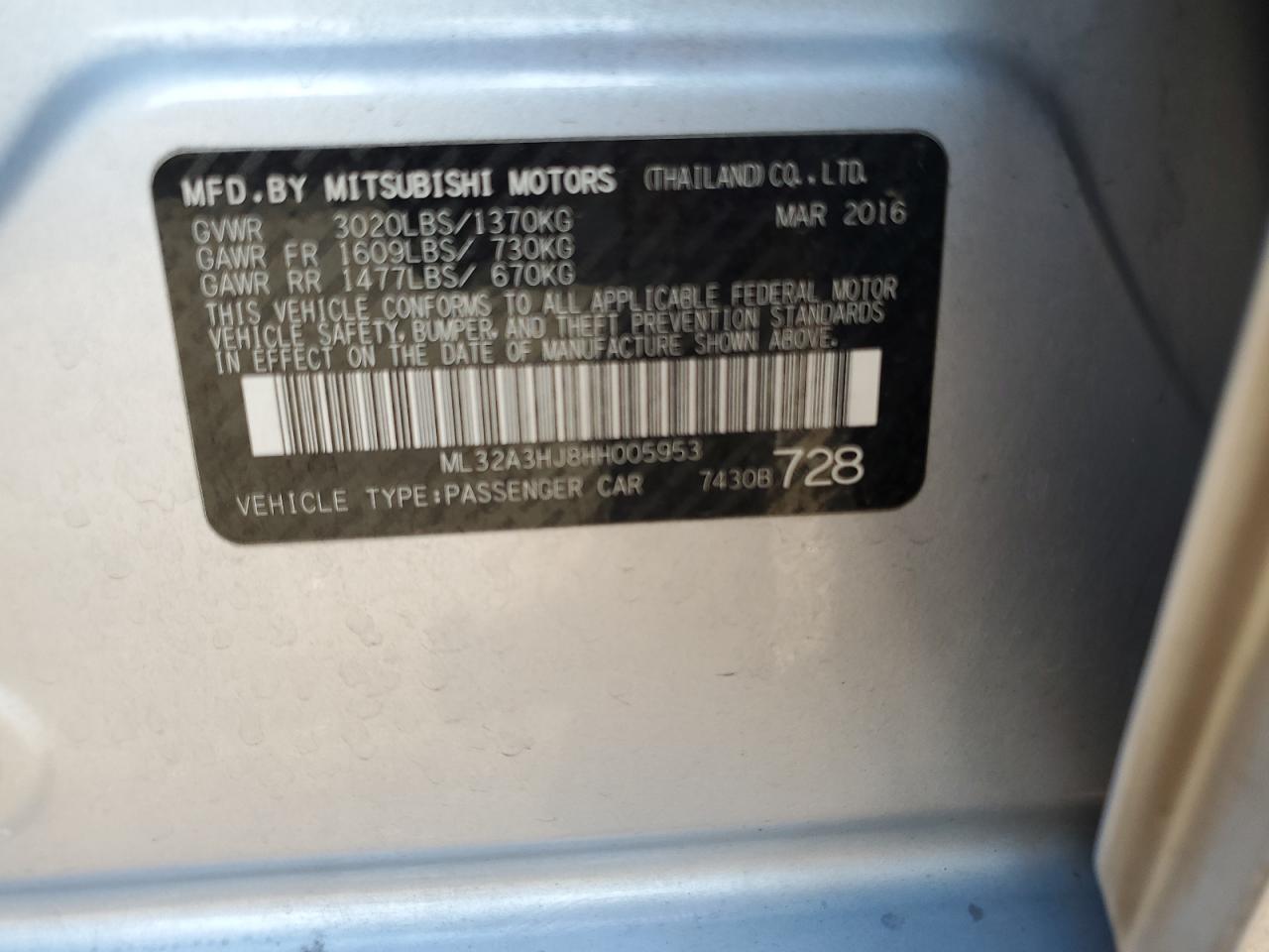2017 Mitsubishi Mirage Es VIN: ML32A3HJ8HH005953 Lot: 64668475