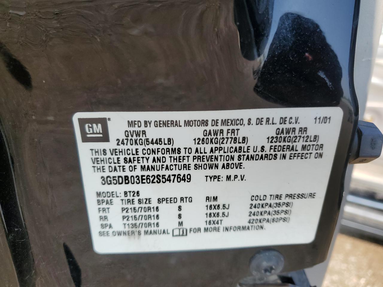 2002 Buick Rendezvous Cx VIN: 3G5DB03E62S547649 Lot: 64140685
