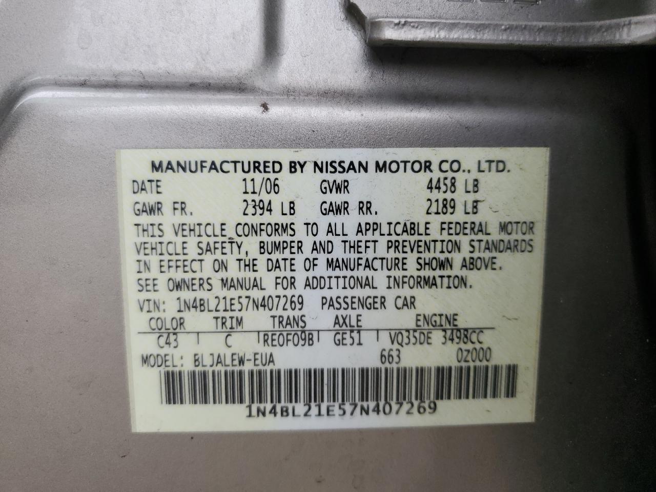 2007 Nissan Altima 3.5Se VIN: 1N4BL21E57N407269 Lot: 64528875