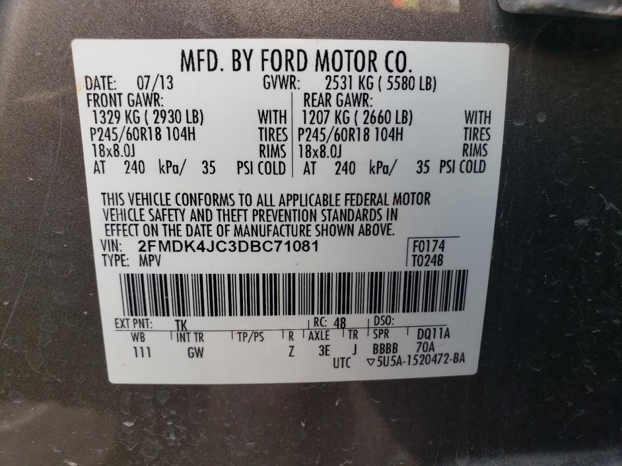 2013 Ford Edge Sel VIN: 2FMDK4JC3DBC71081 Lot: 64672715