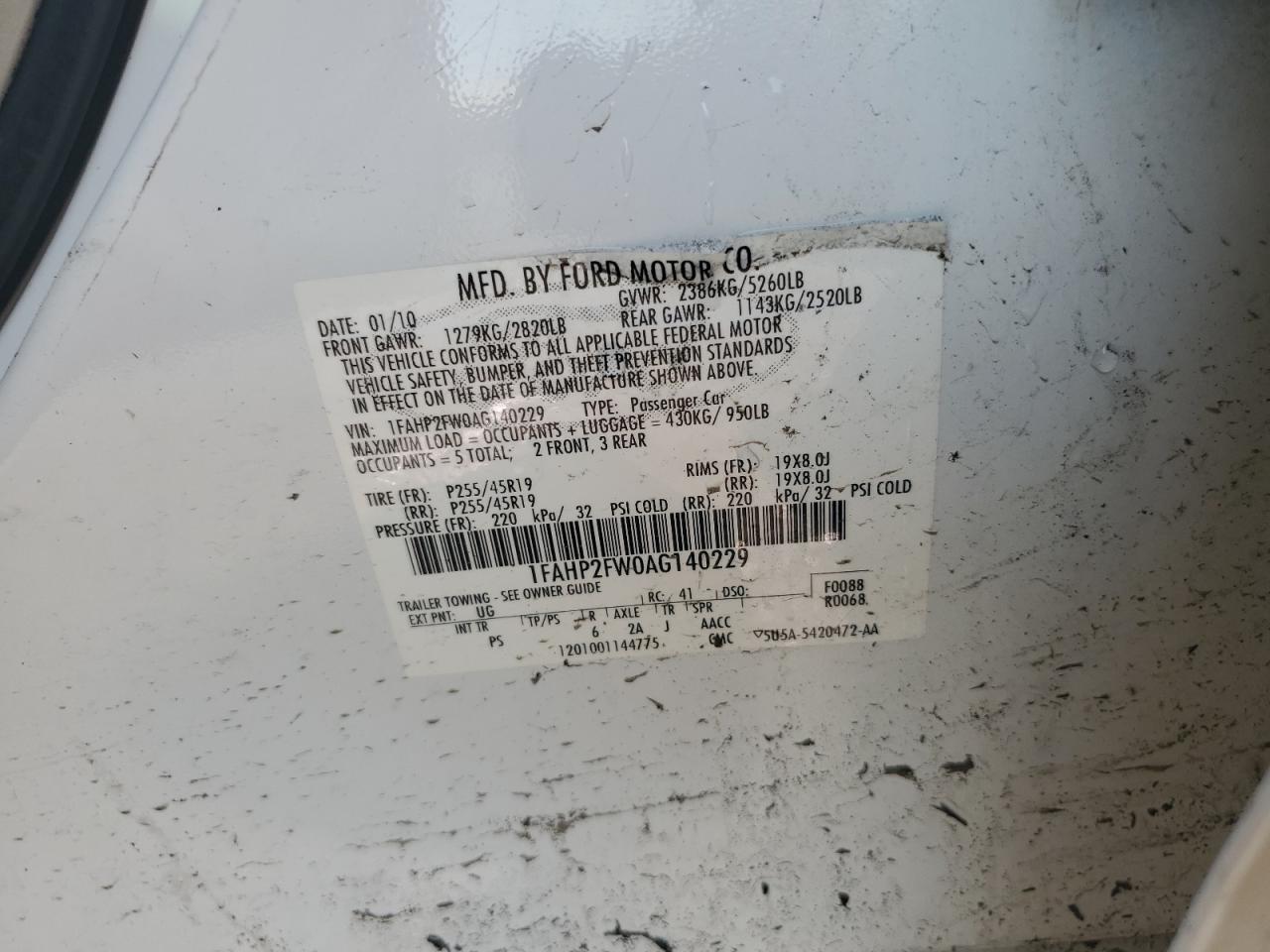 2010 Ford Taurus Limited VIN: 1FAHP2FW0AG140229 Lot: 64846685