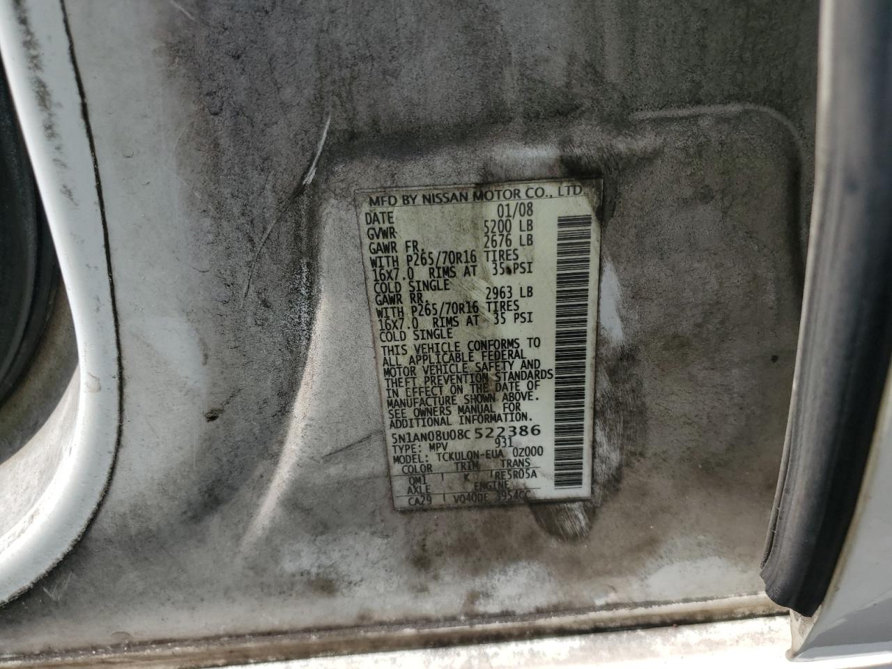 2008 Nissan Xterra Off Road VIN: 5N1AN08U08C522386 Lot: 64193635