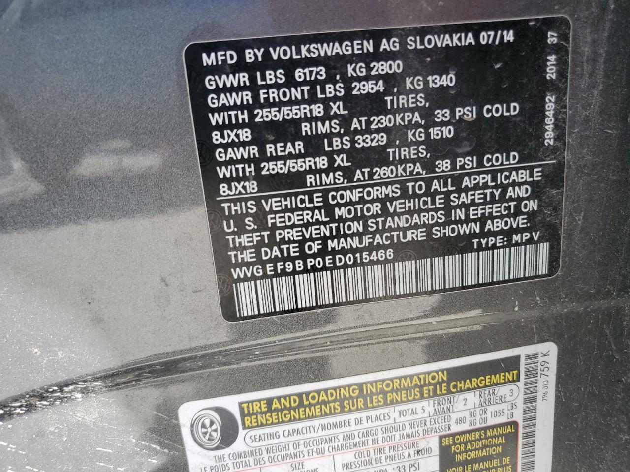 2014 Volkswagen Touareg V6 VIN: WVGEF9BP0ED015466 Lot: 62906415