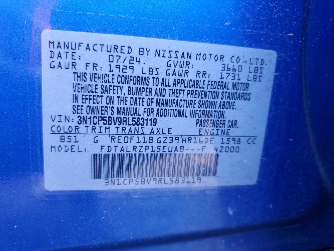 2024 Nissan Kicks S VIN: 3N1CP5BV9RL583119 Lot: 64583435
