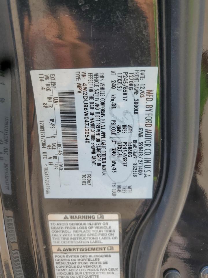2004 Mercury Mountaineer VIN: 4M2DU86W04ZJ20540 Lot: 64087835