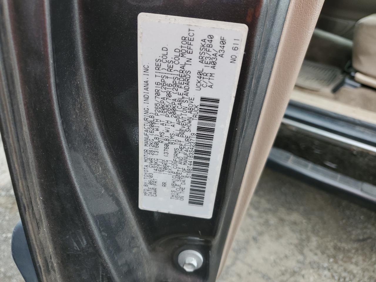 2003 Toyota Tundra Access Cab Sr5 VIN: 5TBBT44183S423719 Lot: 63844855