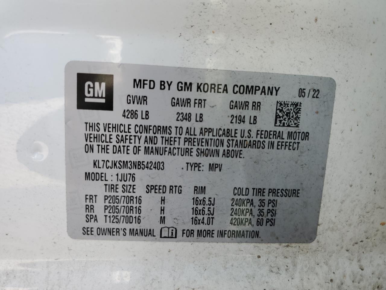 2022 Chevrolet Trax Ls VIN: KL7CJKSM3NB542403 Lot: 67045205