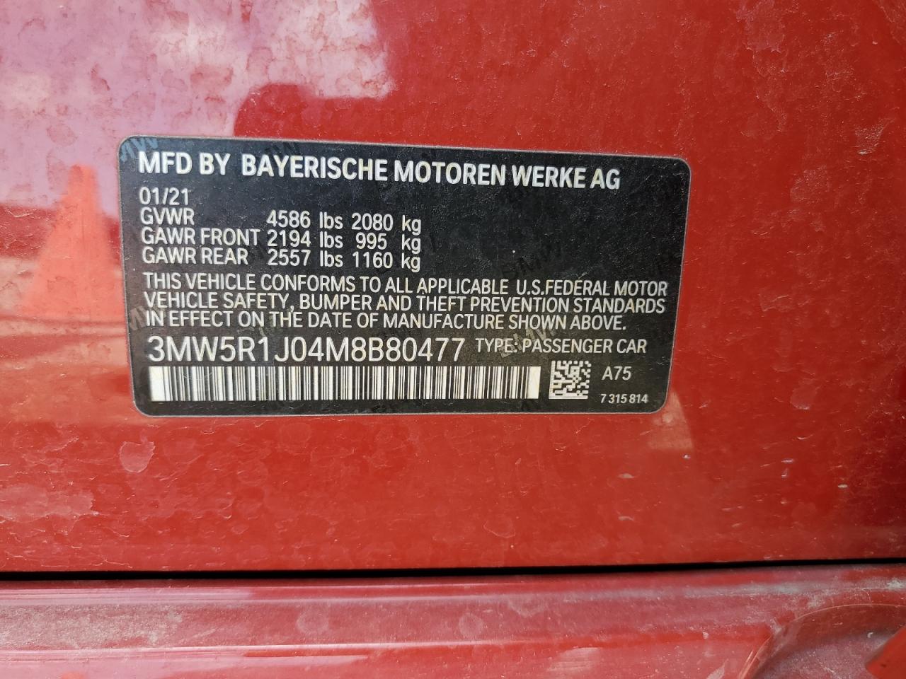 2021 BMW 330I VIN: 3MW5R1J04M8B80477 Lot: 64083135