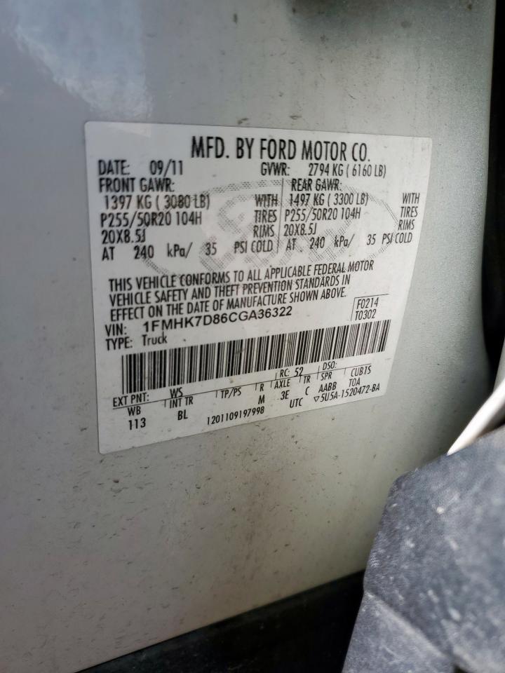 2012 Ford Explorer Xlt VIN: 1FMHK7D86CGA36322 Lot: 64650985