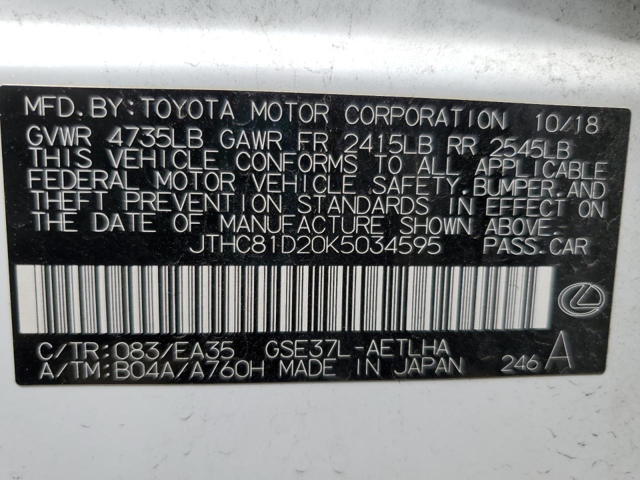 2019 Lexus Is 300 VIN: JTHC81D20K5034595 Lot: 64856225
