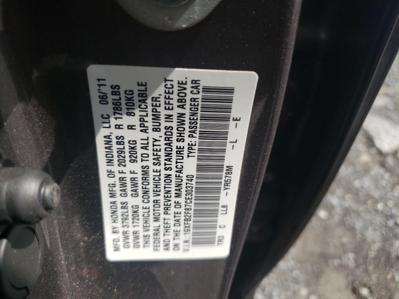 2012 Honda Civic Ex VIN: 19XFB2F87CE303740 Lot: 64902575