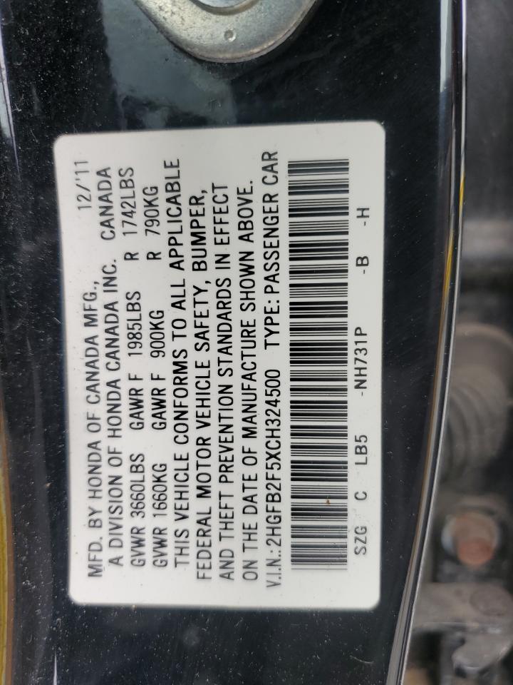 2012 Honda Civic Lx VIN: 2HGFB2F5XCH324500 Lot: 63800995