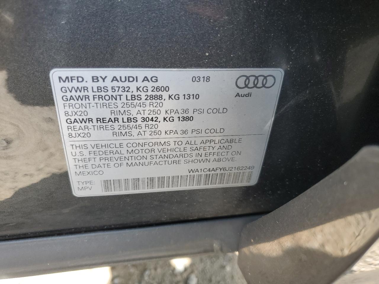 2018 Audi Sq5 Prestige VIN: WA1C4AFY6J2162249 Lot: 63626685