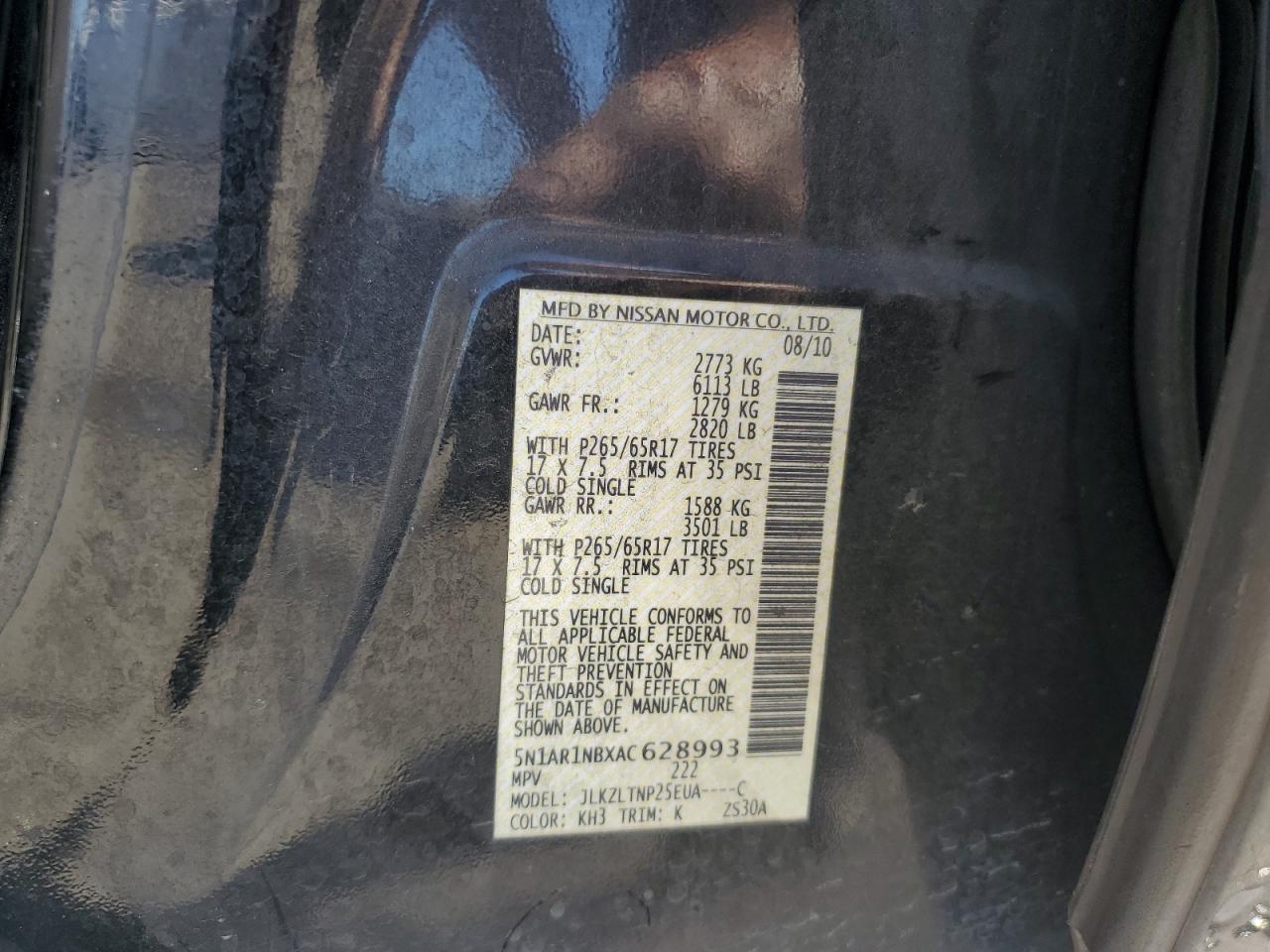 2010 Nissan Pathfinder S VIN: 5N1AR1NBXAC628993 Lot: 64094665