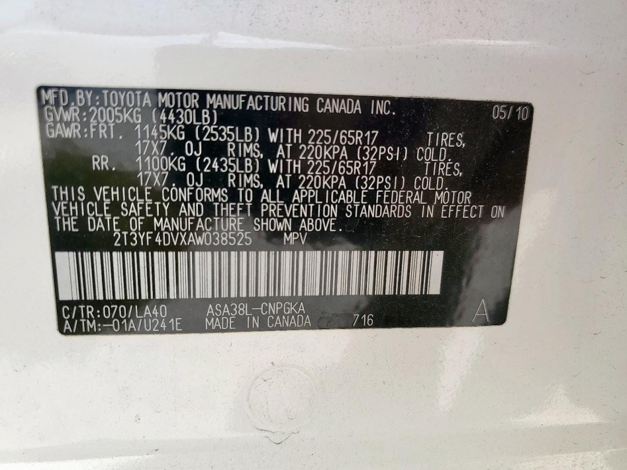 2010 Toyota Rav4 Limited VIN: 2T3YF4DVXAW038525 Lot: 65348385