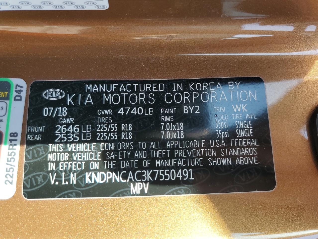 2019 Kia Sportage Ex VIN: KNDPNCAC3K7550491 Lot: 64572125