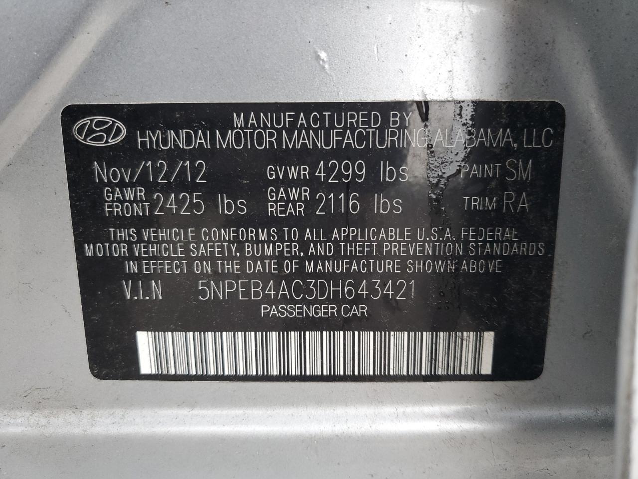 2013 Hyundai Sonata Gls VIN: 5NPEB4AC3DH643421 Lot: 63292025