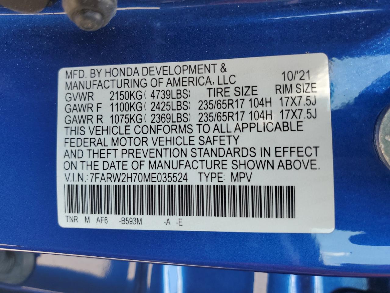 2021 Honda Cr-V Se VIN: 7FARW2H70ME035524 Lot: 64973145