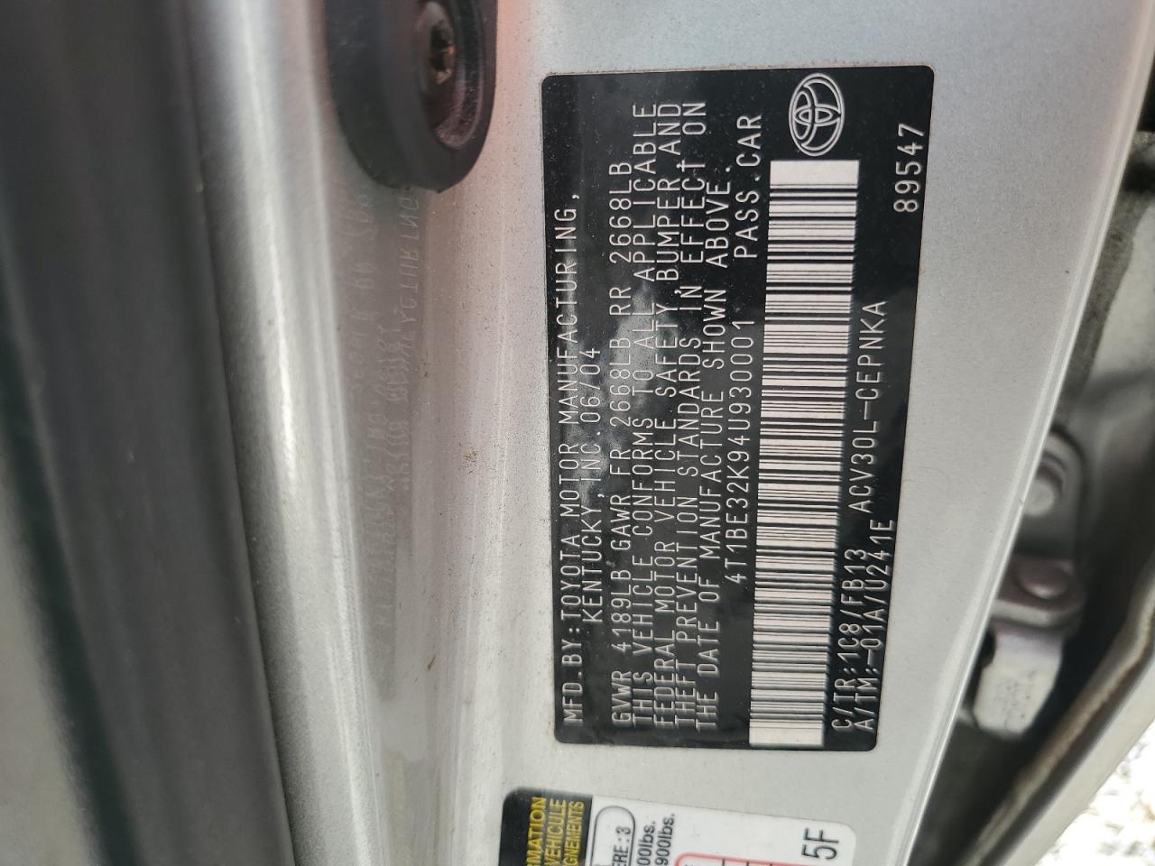 2004 Toyota Camry Le VIN: 4T1BE32K94U930001 Lot: 64251855