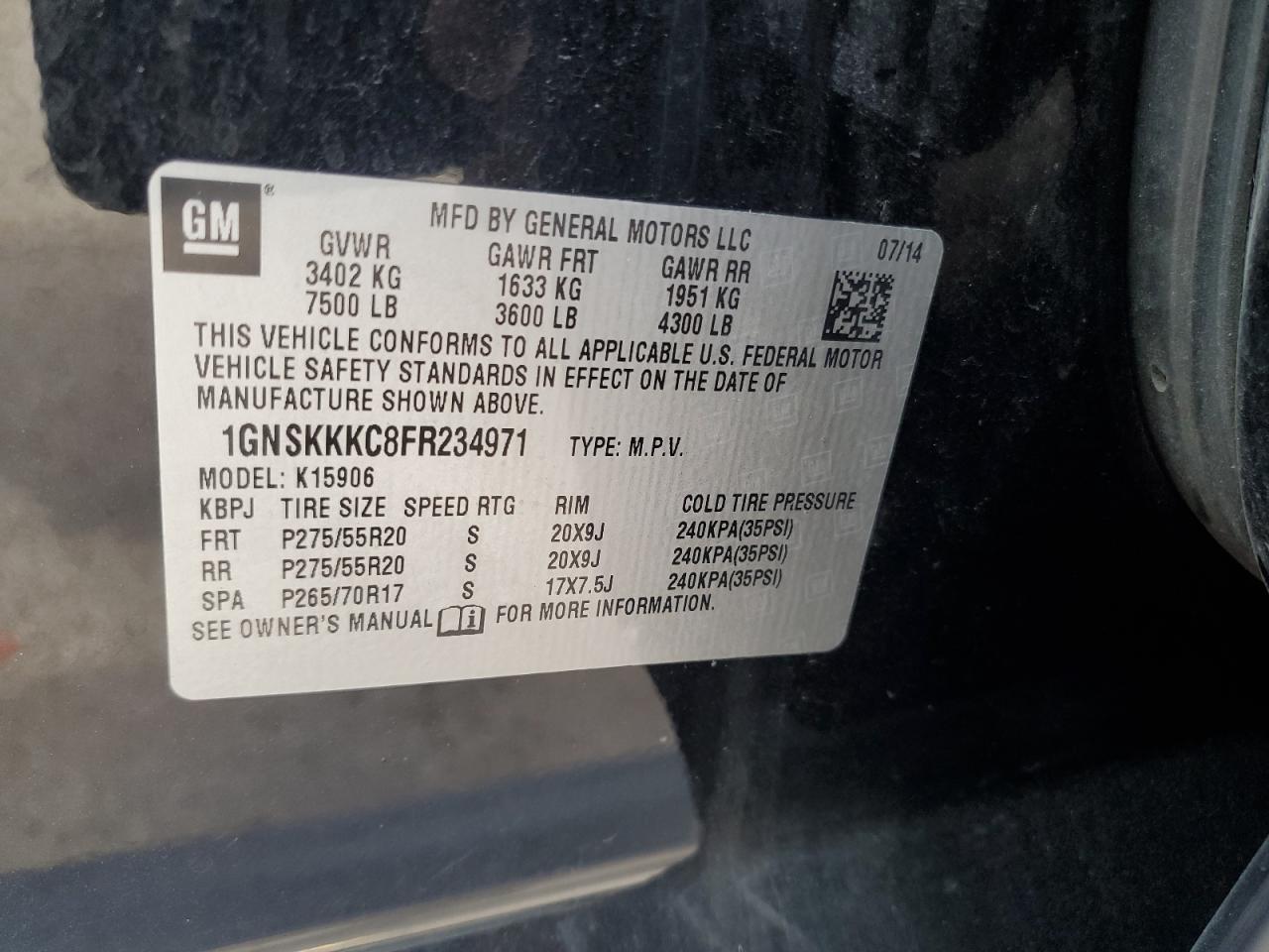 2015 Chevrolet Suburban K1500 Ltz VIN: 1GNSKKKC8FR234971 Lot: 65652945