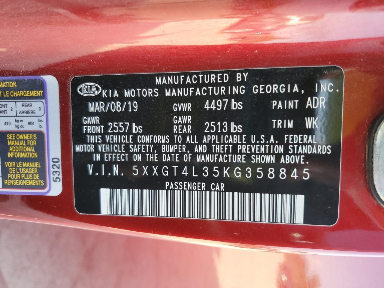 5xxgt4l35kg358845 5XXGT4L35KG358845 2019 Kia Optima Lx