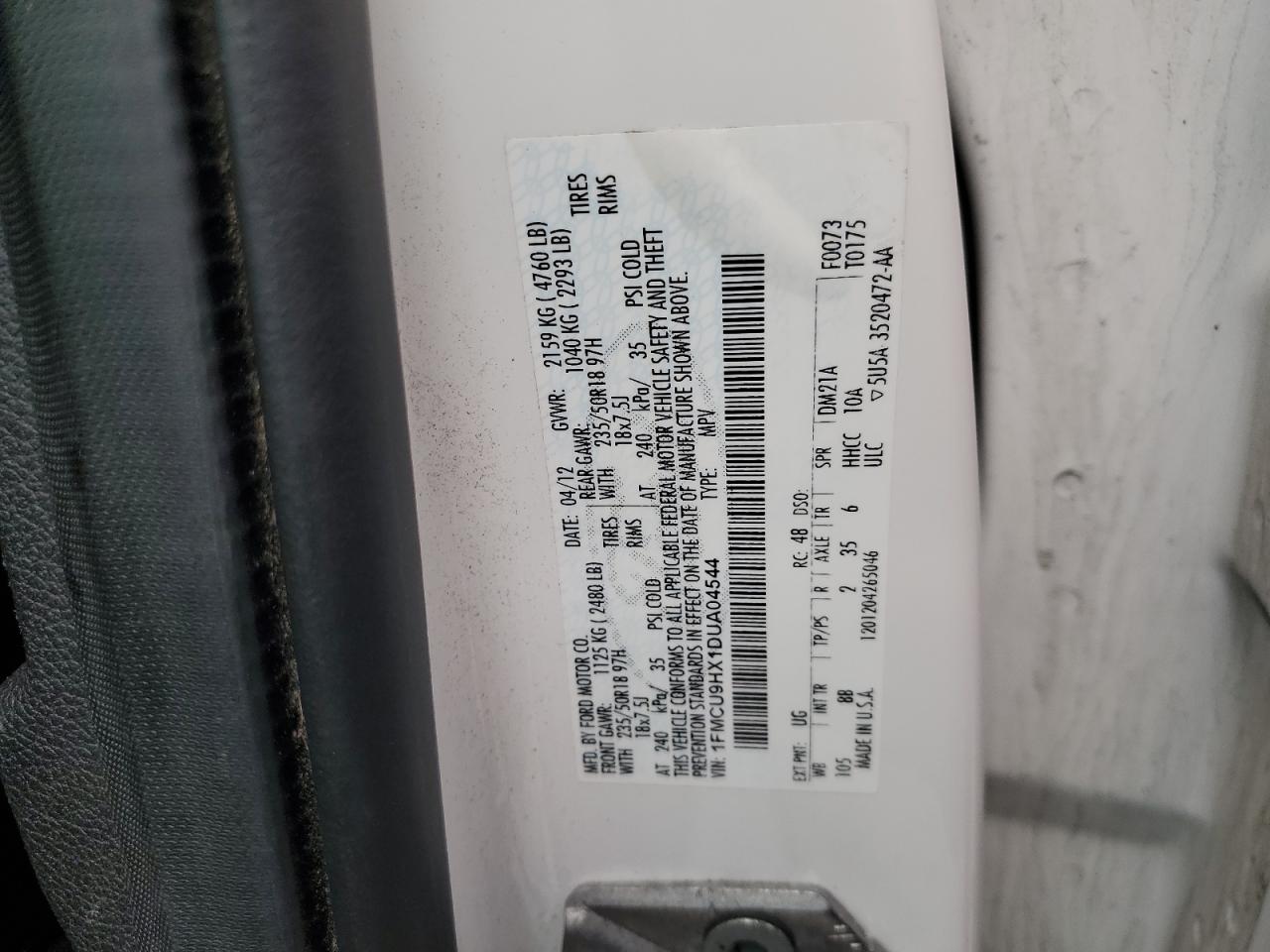 2013 Ford Escape Sel VIN: 1FMCU9HX1DUA04544 Lot: 64768725