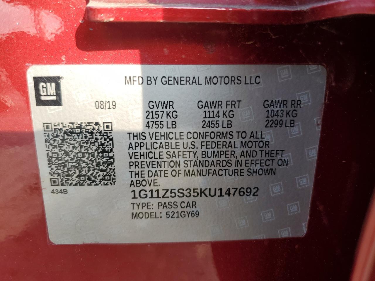 2019 Chevrolet Impala Lt VIN: 1G11Z5S35KU147692 Lot: 66915305