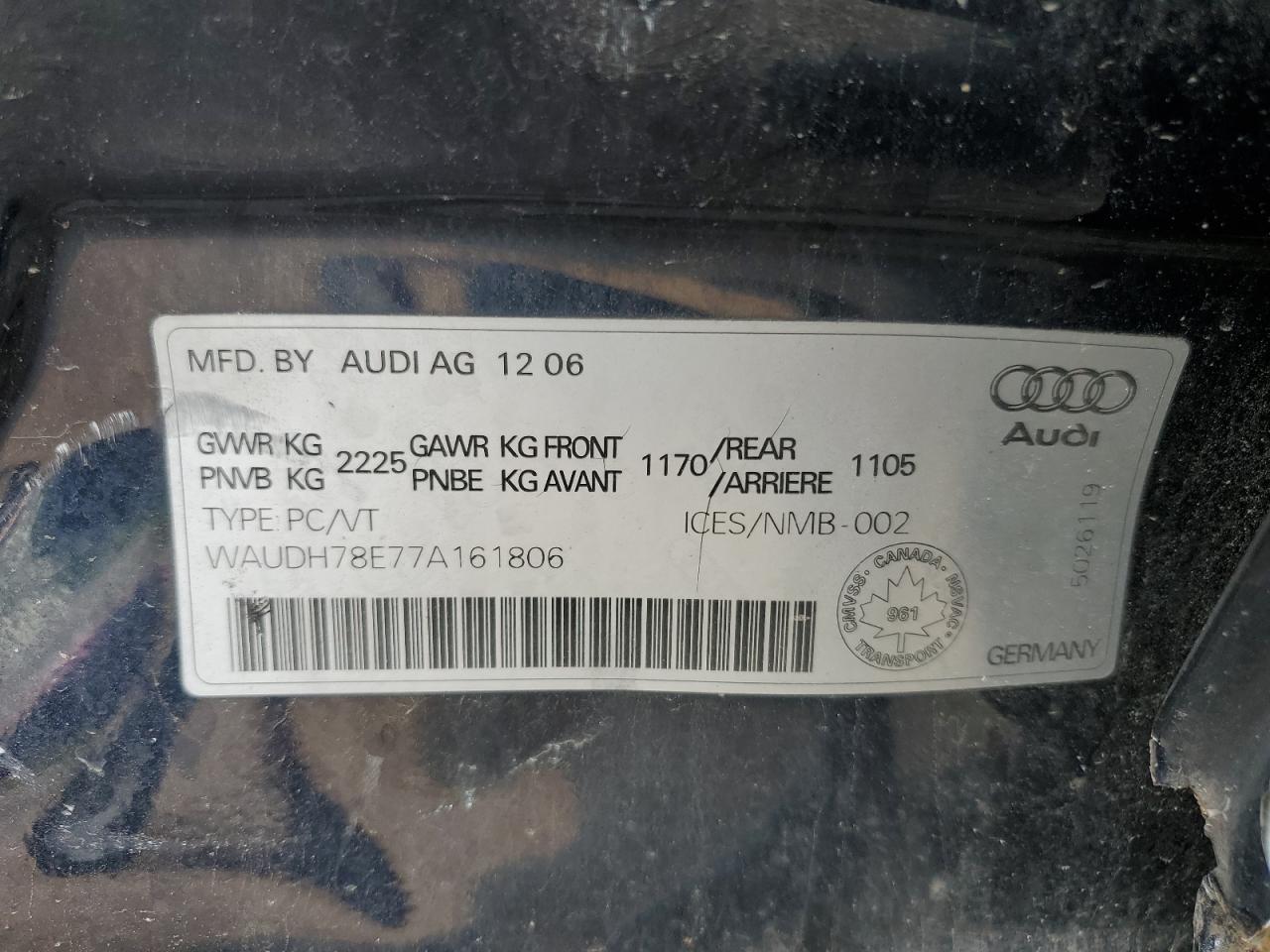 2007 Audi A4 3.2 Quattro VIN: WAUDH78E77A161806 Lot: 63236695