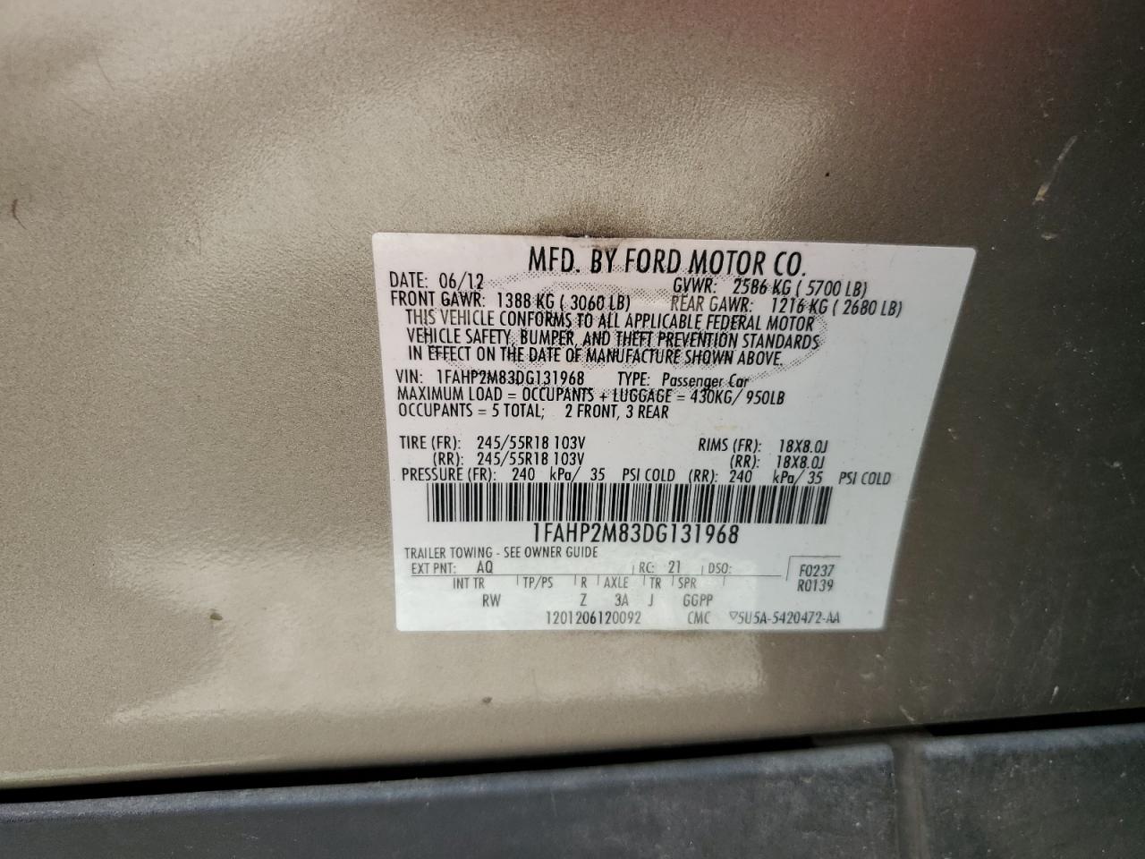 2013 Ford Taurus Police Interceptor VIN: 1FAHP2M83DG131968 Lot: 65159795
