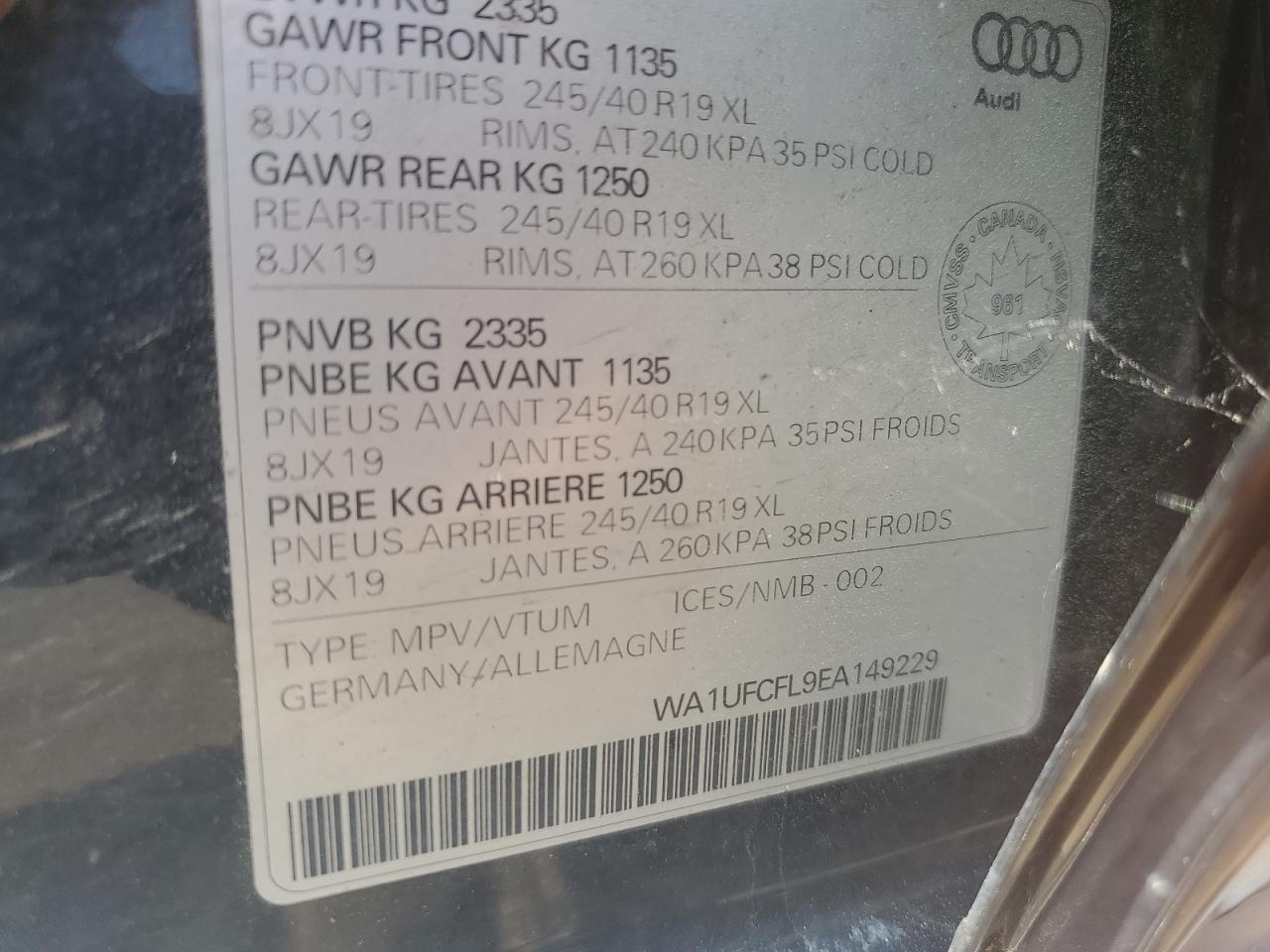 2014 Audi A4 Allroad Premium Plus VIN: WA1UFCFL9EA149229 Lot: 64466945