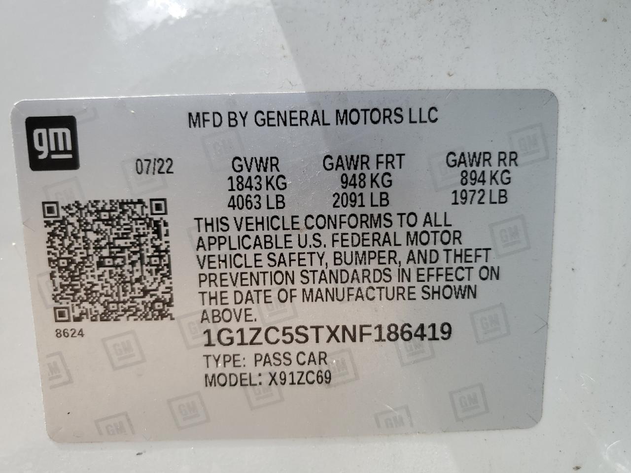 2022 Chevrolet Malibu Ls VIN: 1G1ZC5STXNF186419 Lot: 62009805