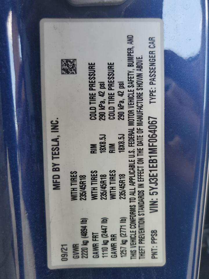 2021 Tesla Model 3 VIN: 5YJ3E1EB1MF064067 Lot: 64082225
