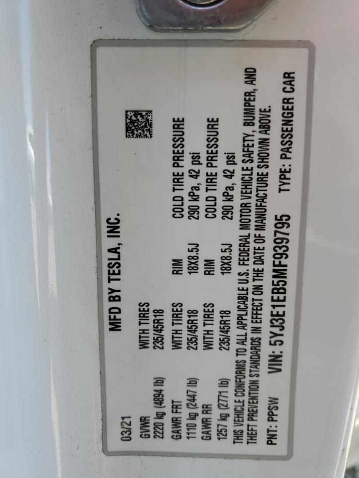 2021 Tesla Model 3 VIN: 5YJ3E1EB5MF939795 Lot: 65269945
