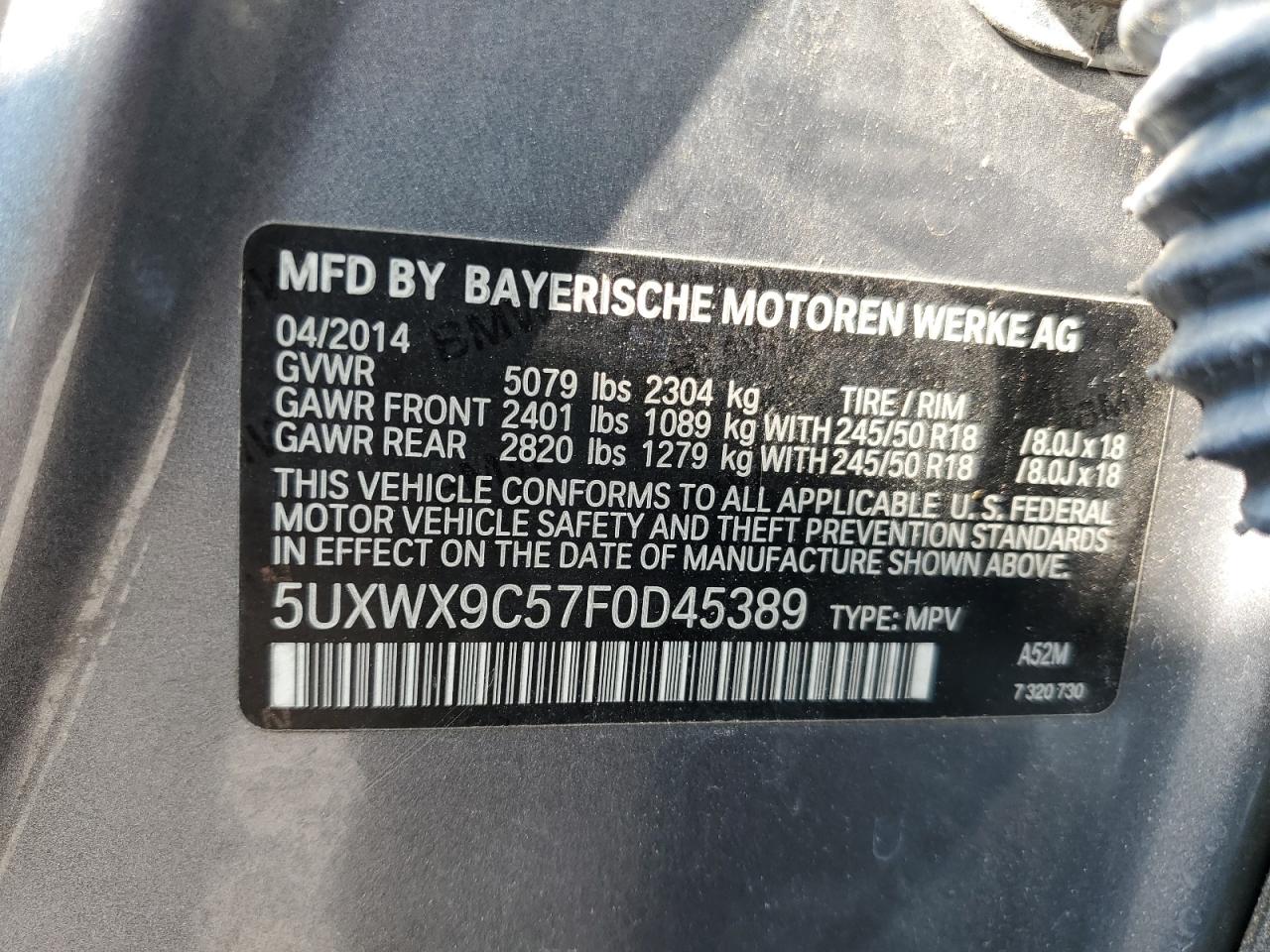 2015 BMW X3 xDrive28I VIN: 5UXWX9C57F0D45389 Lot: 63602165