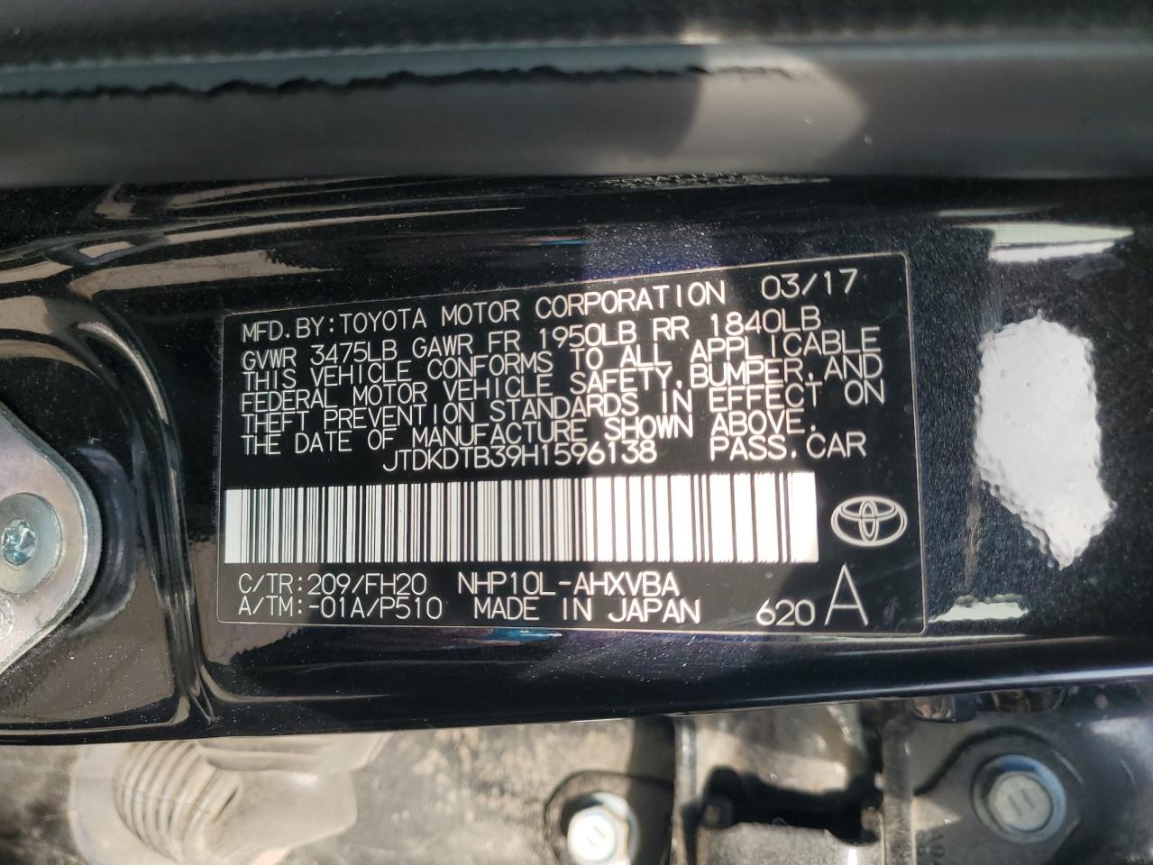 jtdkdtb39h1596138 JTDKDTB39H1596138 2017 Toyota Prius C