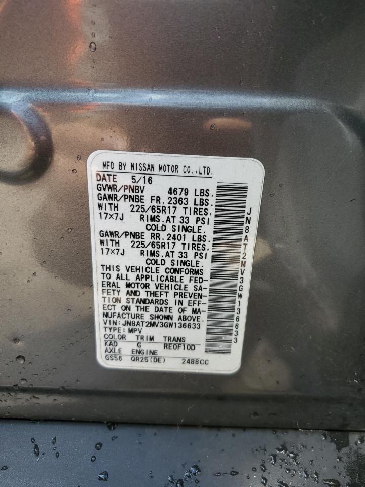 2016 Nissan Rogue S VIN: JN8AT2MV3GW136633 Lot: 65151665