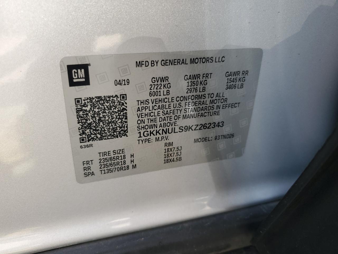 2019 GMC Acadia Slt-1 VIN: 1GKKNULS9KZ262343 Lot: 64319485