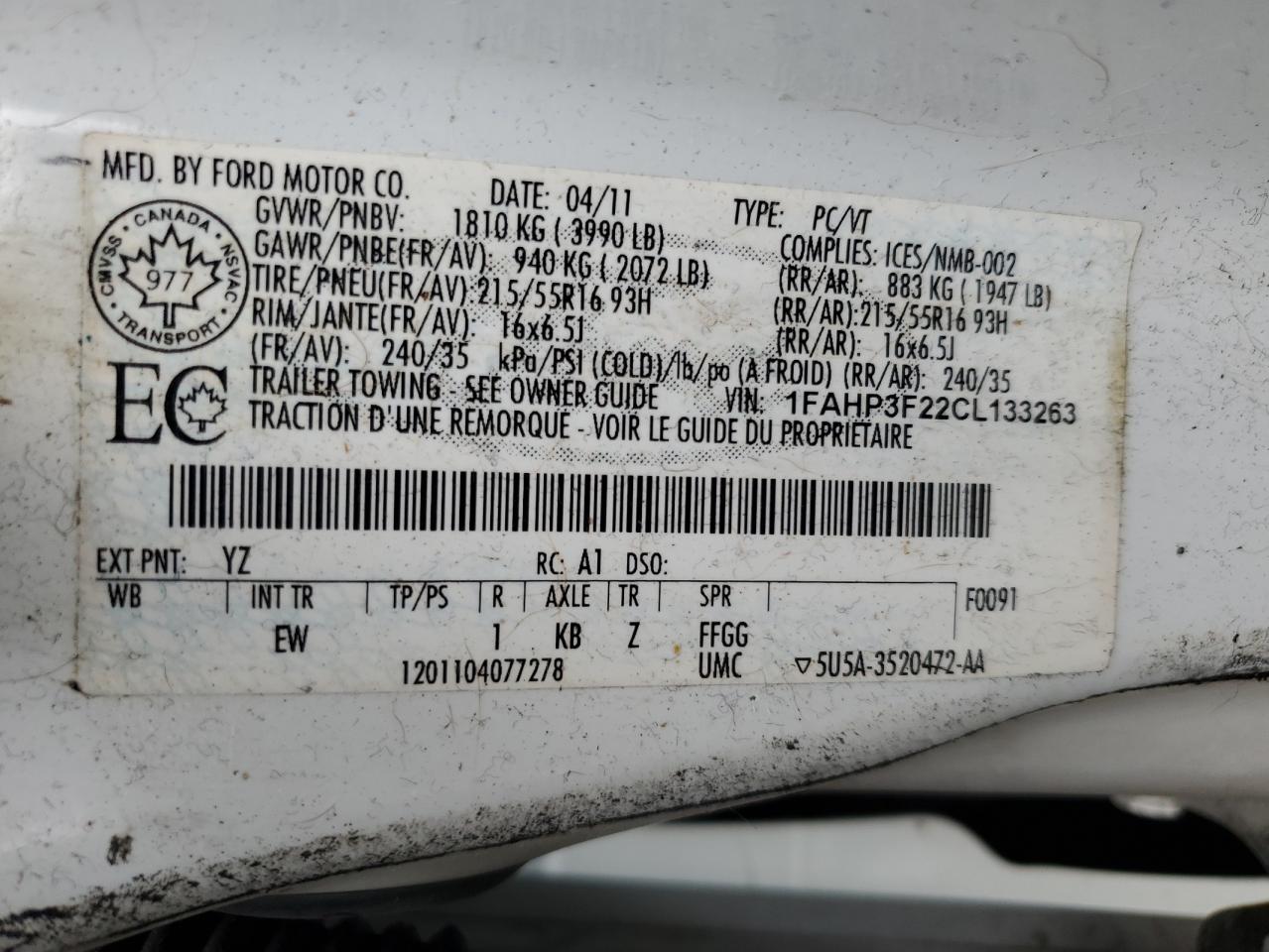 2012 Ford Focus Se VIN: 1FAHP3F22CL133263 Lot: 65126765