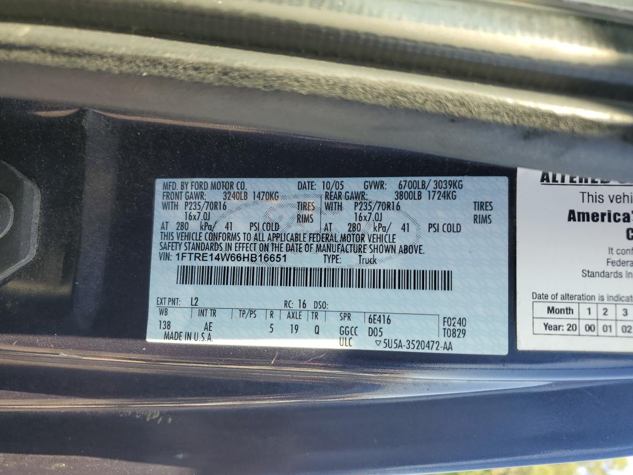 2006 Ford Econoline E150 Van VIN: 1FTRE14W66HB16651 Lot: 66513815