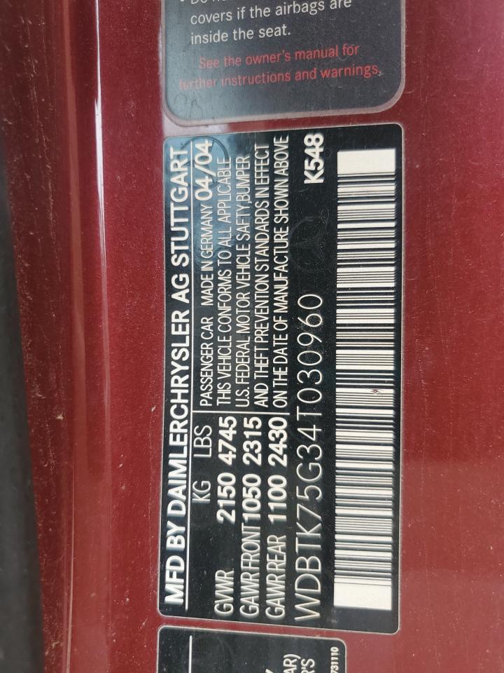 2004 Mercedes-Benz Clk 500 VIN: WDBTK75G34T030960 Lot: 65236645