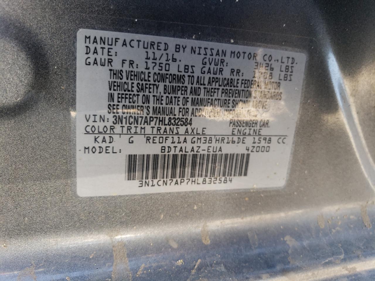 2017 Nissan Versa S VIN: 3N1CN7AP7HL832584 Lot: 64463425