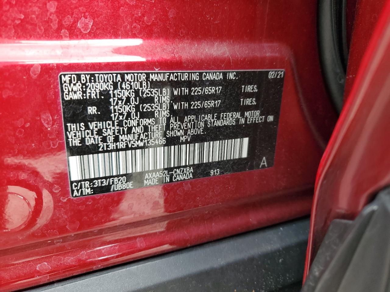 2021 Toyota Rav4 Le VIN: 2T3H1RFV5MW135466 Lot: 65009365