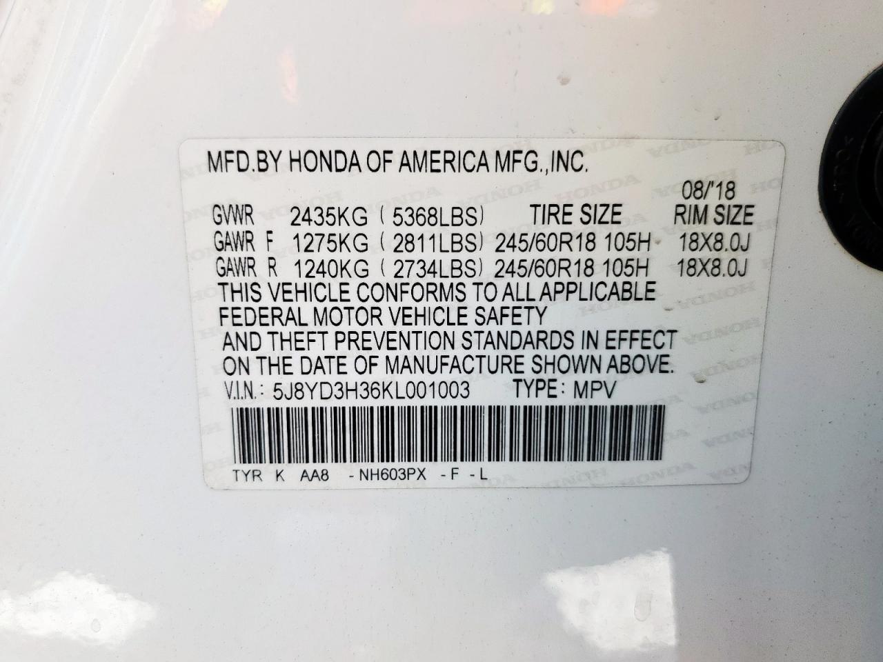 2019 Acura Mdx VIN: 5J8YD3H36KL001003 Lot: 63065215
