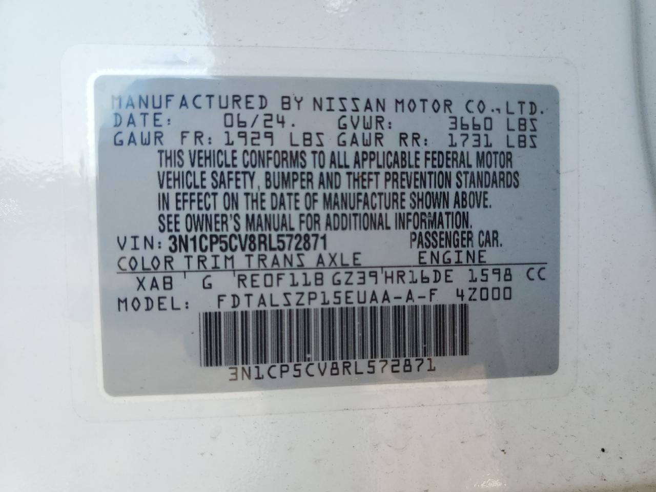 2024 Nissan Kicks Sv VIN: 3N1CP5CV8RL572871 Lot: 64378595