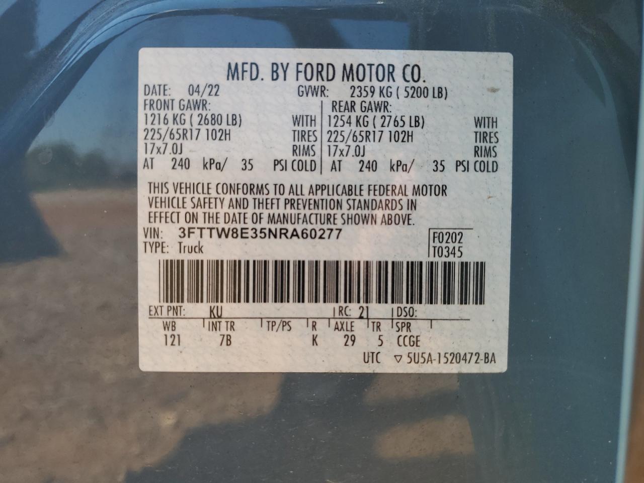 3fttw8e35nra60277 3FTTW8E35NRA60277 2022 Ford Maverick Xl