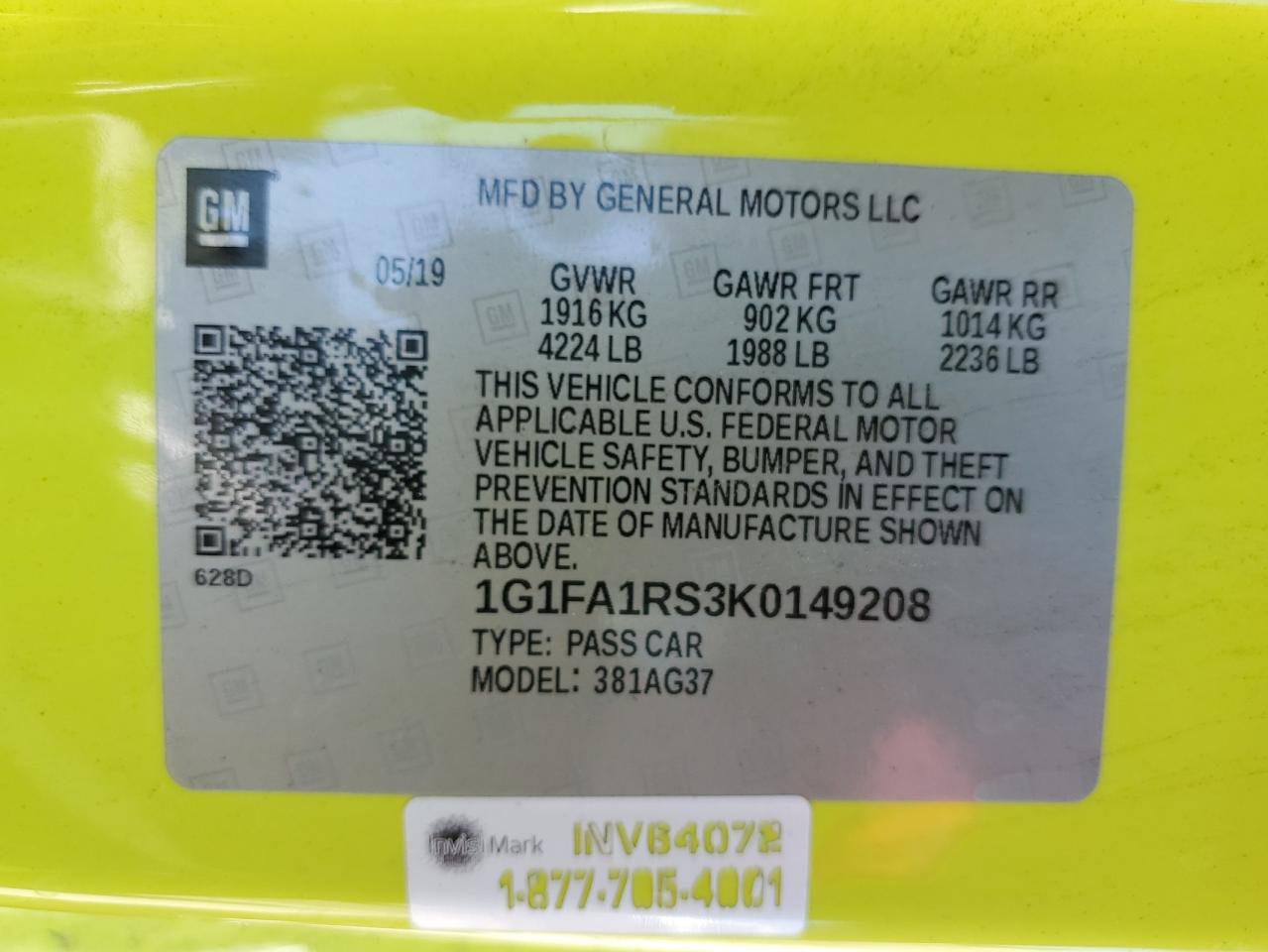 2019 Chevrolet Camaro Ls VIN: 1G1FA1RS3K0149208 Lot: 63108745