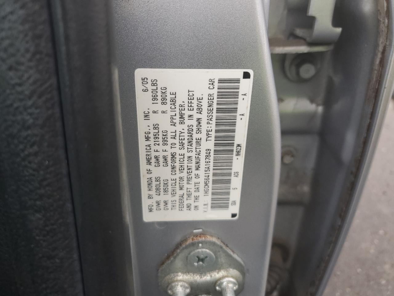 2005 Honda Accord Lx VIN: 1HGCM56415A167849 Lot: 63938475
