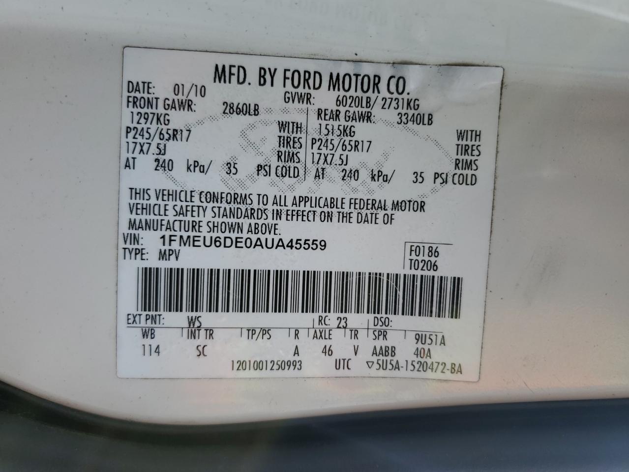 2010 Ford Explorer Xlt VIN: 1FMEU6DE0AUA45559 Lot: 65544325